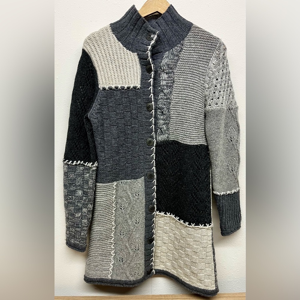 Sundance Catalog Homespun Patchwork Cardigan Sweater Lambswool Long  S‎ Gray